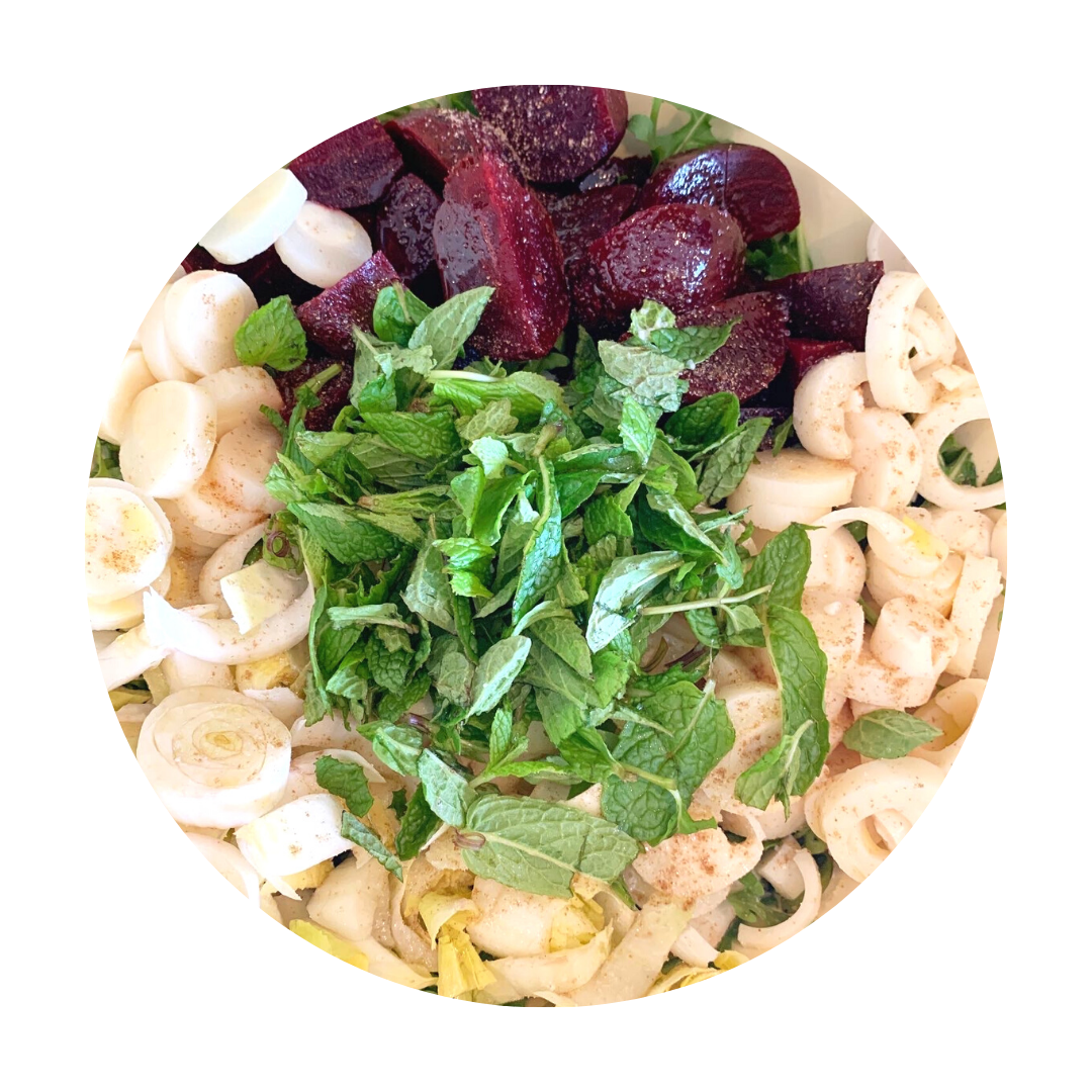 Robin's salad of beets, pal, arugula, mint, endive, cilantro, walnuts, olive oil, lemon juice, salt, pepper