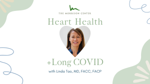 Blog banner with white background and green illustrations in the corners. Linda Tao's face in a heart-shaped frame in the center between two lines of text that read: Heart Health + Long Covid.