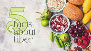 Blog banner with background of beans, peas, olives, nuts, pears, cherries, raspberries, bananas, oatmeal, and root vegetables. Text is a large green number 5 with words in lower case: facts about fiber.