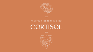 Blog banner with terracotta background and white graphics of the brain and intestines. Title reads what you need to know about CORTISOL